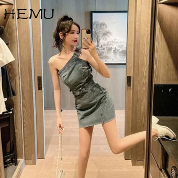 Джинсовое рокля Hemu в ретро стил, с открити рамене, женски приталенное рокля с талия, новост лятото 2023, модерно мини рокля в корейски стил