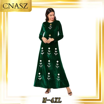 Облекло Mulim Islmic Големи размери, дамски Абая с бродерия и дълги ръкави, турско арабско ежедневна рокля от златно кадифе, Скопчвам