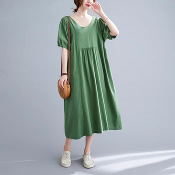 Ръкав-фенер, одноцветное продукт, модерно зелена лятна рокля в корейски стил, новост 2023 г., памучно семе и лененото свободно женски ежедневното рокля за пътуване