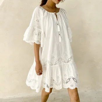 Сладко бяло дантелено къса рокля с дължина до коляното за момичета 2023, лятно плажно свободно памучно бяло дантелено рокля за крайградски пътувания в Япония