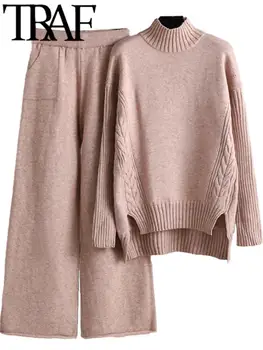 ТРАФИКА 2021 Дамски ежедневни облекла Есен-зима с имитация на шията, смесени възли Елегантни Свободните пуловери с висока засаждане + панталони по щиколотку, обикновен костюм