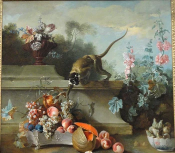 100% живопис с маслени бои ръчна изработка на лененото платно, маймуна, плодове и цветя от Jean-Baptiste Oudry, Музейное качество