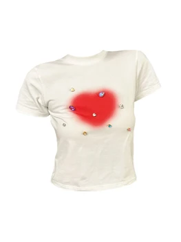 2000-та Ретро тениска с принтом във формата на сърце и диаманти, укороченная тениска с кръгло деколте и къс ръкав, дамски тънък реколта плътно облекло Y2K, градинска облекло