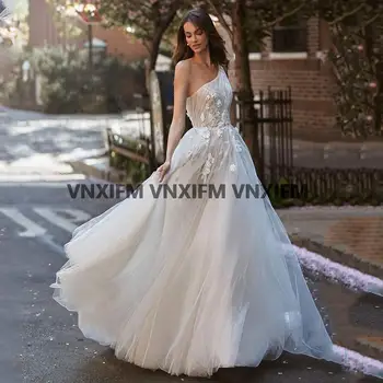 2022 Aviana Елегантна Сватбена рокля на Принцеса с Едно рамо Трапецовидна Форма С 3D Цветя, Придворен Струята, Тюлевое Сватбена рокля Vestido De Новия