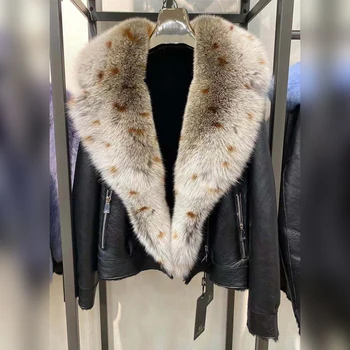 2022 Зимни дамски палта от естествена агнешка кожа рысьего цвят с дебела кожа яка на Едро, Модно палто с натурален лисьим яка, Къс топла Горна дреха