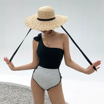 2022, нов бански костюм в корейски стил, женски сиамски триъгълни бански с едно рамо, на съответния цвят, секси бански за отслабване с отворен гръб за почивка и спа