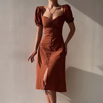 2023 Европейската и американската пролет/лято, ново однобортное темпераментное однотонное рокля със средна дължина за жени