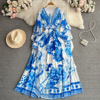 2023 Лятното модно бяло-синьо фарфоровое шифоновое рокля, бельо Секси прозрачна рокля-фенер с дълъг ръкав и цветна принтом, Vestidos
