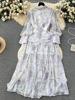 2023 Модно Лятото и Есента Макси рокля с флорални принтом Пейсли, Празничен фенер с дълъг ръкав, шифоновое Макси Рокля с цветен модел, Женствена рокля
