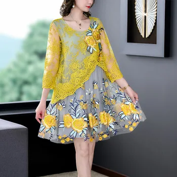 2023 Ново висококачествено луксозно бельо рокля с бродерия, дамски пролетно-лятна нова бродирани златни конци голяма газова пола с цветен модел