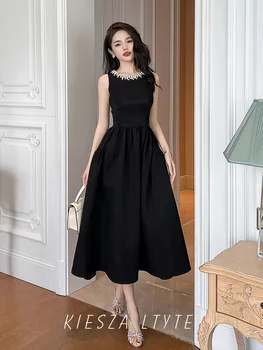 2023 ново винтажное дамско модно рокля, однотонное, черна, елегантна, за парти, дневни, офис, дамски рокли, midi, летни, високо Качество