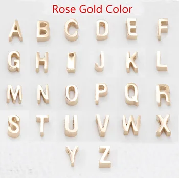 26 бр. 3*8 мм Злато/Rose gold Цвят на Буквите от неръждаема стомана A-Z Огледално полирани топчета Малка дупка топчета Букви от азбуката Шарм