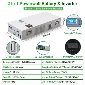 48V 100AH PowerWall 2 В 1 Вграден Инверторен Батерия LiFePO4 5KWH 6000 Цикъла на Щепсела и да играе с фотоволтаична система за домашно Слънчевата система