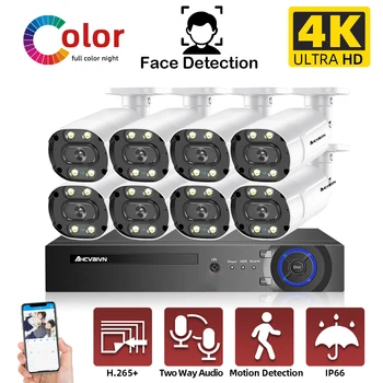 8-Канален Двустранен Аудиокамера Система за Сигурност, 8-Мегапикселова 4K Цветна IP камера за Нощно Виждане С 4K Откриване на Лица POE NVR Комплект 4CH 6CH 2CH
