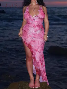 ArtSu с волани, превръзка на шията, нарушения на сърдечния секси рокля Макси, лятно женствена рокля Y2K Kawaii за почивка на плажа ANDYDR2591