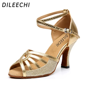 DILEECHI/ златисти обувки за латино танци; дамски обувки за възрастни на високо квадратен ток 8 см; летни обувки за танци; сандали с мека подметка с черен цвят