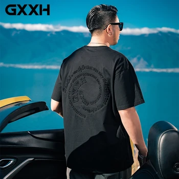 GXXH 2022 Лятна тениска Голям размер с 3D Релефни букви с къси ръкави за по-големи и високи мъже, Свободна горна дреха Оверсайз, Синьо 6XL 7XL
