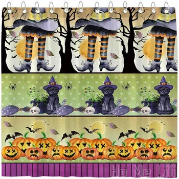 Halloween Witch От Ho Me Pipi Набор от Завеси за душ с куки Черна Котка, Тиква кръпка Акварел фигура Декор за баня