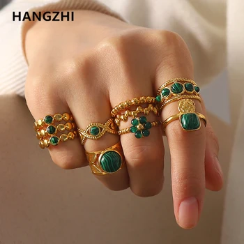 HangZhi неправилна геометрия, през цялата цвете, инкрустированное зелен естествен камък пръстен от неръждаема стомана, Винтажное модно за жени, вечерни украса