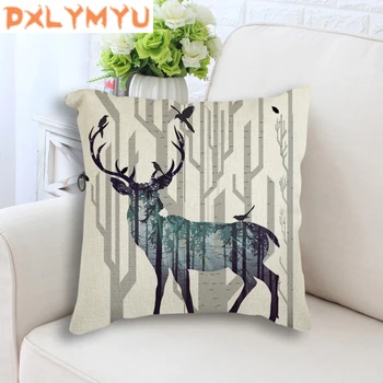 Nordic Art Silhouette Family Of Deer Forest, памучен бельо възглавница, домашен нощни диван, декоративна възглавница за празничен подарък