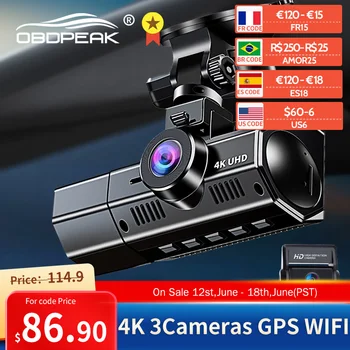 OBDPEAK M9 3-Канален Видеорекордер Автомобилен Видеорекордер с Предната Вътрешна Камера за Обратно виждане Автомобилен Видеорекордер 4K + 1080P Двоен С GPS WiFi