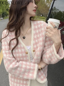 OCEANLOVE, жилетки, дамски блузи с V-образно деколте, есенно-зимните пуловери в клетката, корейската мода, скъпа однобортная Chaqueta Mujer