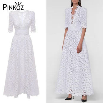 Pinkoz висококачествена бяла рокля с v-образно деколте, дантелено мозайка рокля с деколте наполовина, вечерни дизайнерски рокли макси, дамски официални нова