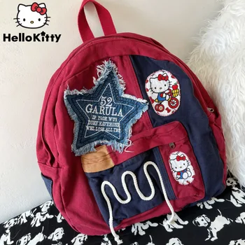 Sanrio Hello Kitty Реколта холщовые раници в стил мозайка със звездите за жени Y2k, эстетичные студентски чанти с модел с голям капацитет