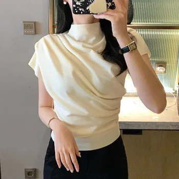 SuperAen, корейската елегантна лятна нишевая тениска в ретро стил с висока яка и къс ръкав, дамски ежедневни блузи