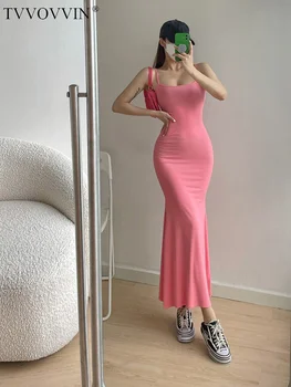 TVVOVVIN Секси рокля с мирис на формата на рибено опашката на регулиран бретелях, еластично однотонное модно универсално дълга рокля ZS8G
