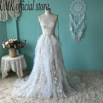 UMK Уникална сватбена рокля в стил бохо с дантела цвят шампанско, фини бретельки-спагети, тюлевые къдри, плажна Vestido De Noiva