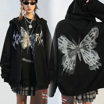 Vssjavun Y2k Качулки с принтом пеперуда, женски зимни, пролетни якета с дълги ръкави с цип, палта, Блузи с качулка Оверсайз, топ