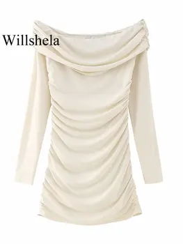Willshela Дамско модно бежевое плиссированное мини рокля Винтажное без презрамки с дълги ръкави и деколте лодка Дамски шик дамски рокли