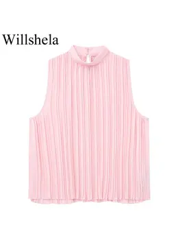 Willshela, дамски модни розови обикновена нагънат върховете на бретелях, ретро жилетка без ръкави, с кръгло деколте, женски шик женски жилетка
