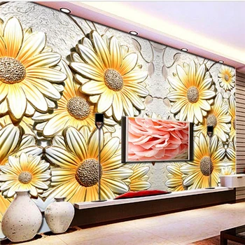 beibehang Потребителски фотообои 3D с релефни Цветя хризантема Фреска, фон на стените Съвременни прости тапети за хола