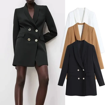 za 2021, ново дамско модно однотонное двубортное палто с отложным яка, дълги палта, дамски градинска дрехи, връхни дрехи копчета