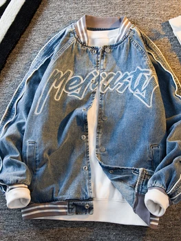 Американското джинсовое палто за хай стрийт, Реколта бейзболна форма с бродерия в Ретро стил деним яке, за мъже тенденция хип-хоп яке, градинска облекло в стил пънк