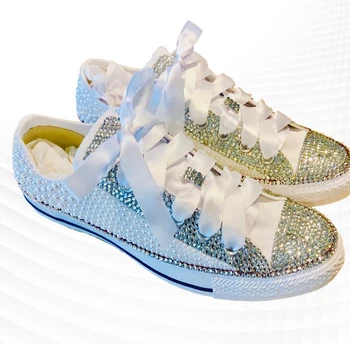 Бежовата парусиновая обувки на нисък ток, спортна Бяла лента, удобни обувки за разходка с кристали, вулканизированная унисекс обувки с кристали ръчно изработени, 35-46
