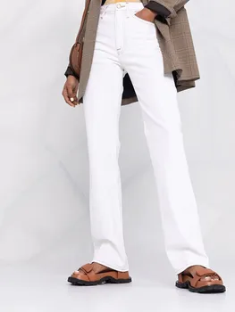 Бели дамски дънки с висока талия, свободни, с висока талия, универсални, пролет-лято 2023, дълги дънкови панталони, с цип за жени