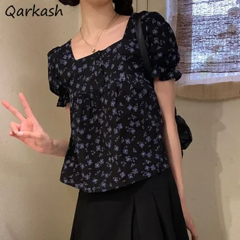 Блузи с цветен модел за жени, летни сладки реколта модни блузи в корейски стил, универсални, класически за студентска младеж, ежедневни меки Ins с къс ръкав