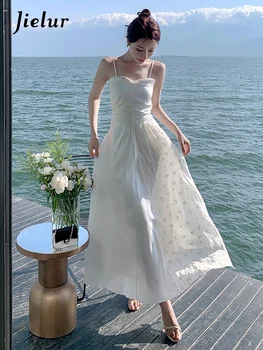 Бяла рокля Jielur с отворен гръб, женски лятото елегантна жена однотонное шифоновое рокля на подтяжках, ниша, страхотна дълги дамски рокли S-L