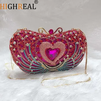 Висококачествени вечерни чанти с петна във формата на сърце от розови камъни, женски подарък клатч с декорация във формата на кристали, метални чанта с кристали за сватбеното парти, банкет, вечеря