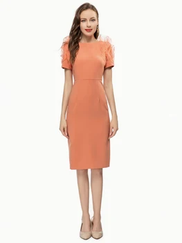 Висококачествено дамско лятото Ново, Модерно лилаво-оранжево рокля с колан, Уникално секси винтажное рокля за сладко партита на известни Личности, Елегантна Рокля-молив midi