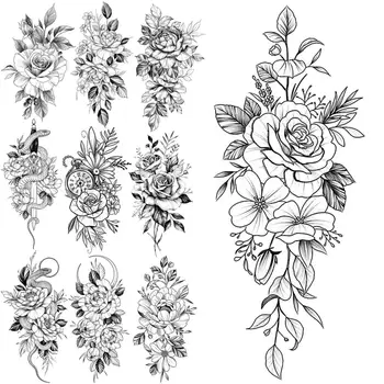 Временни татуировки с малко цвете Божур за жени и възрастни, реалистична Змия, Компас, Флора, фалшива татуировка, стикер на бедрото, татуировка с цветя