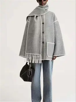 Вълна палто с шарфовым яка, дамско однобортное однотонное палто 2022, зимни свободна дамско яке с дълъг ръкав
