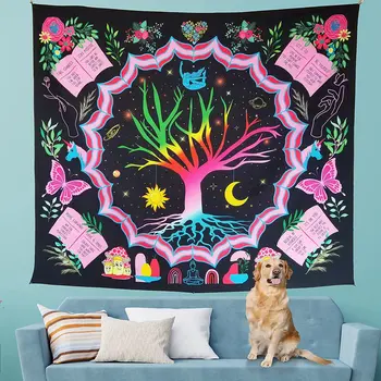 Гоблен с изображение на Дървото на Живота, на Слънцето и Луната, стенен декор, естетически мотивационни цитати, гоблени, декорация на спалнята в стил хипи и бохо