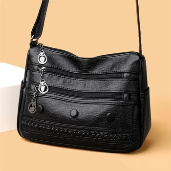 Голям нова мека модерна чанта през рамо с множество джобове, дамски чанти в клетка от изкуствена кожа, чанти през рамо за жени