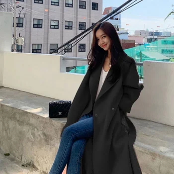 Горно облекло с цепка отстрани, зимна мода, темпераментни колан, вълнена топло палто, женски, плътен корейското памучно палто кашемировое