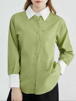 Дамска блуза в голям размер, със зелен цветен блок, нова риза свободно намаляване с дълъг ръкав и ревери, модерен прилив, пролет-есен 2023 M373