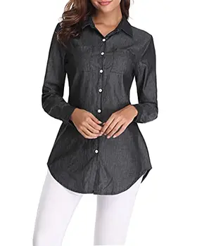 Дамска риза с копчета от chambre, памучен блуза с дълъг ръкав, Дълги дънкови туника, черно малък